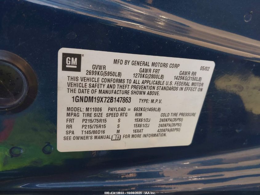 2002 Chevrolet Astro Ls VIN: 1GNDM19X72B147863 Lot: 43418933