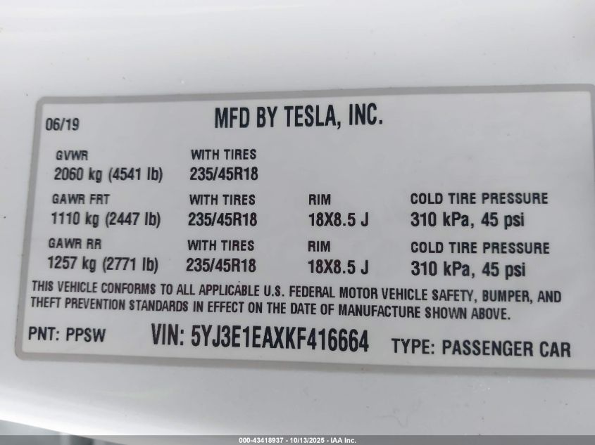 2019 Tesla Model 3 Long Range/Mid Range/Standard Range/Standard Range Plus VIN: 5YJ3E1EAXKF416664 Lot: 43418937