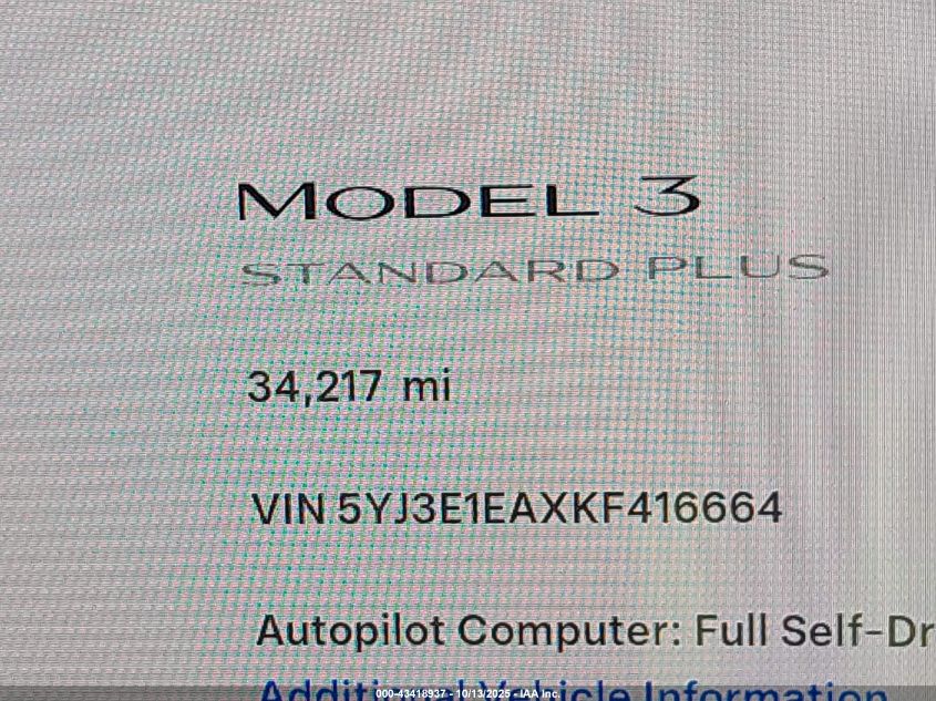 2019 Tesla Model 3 Long Range/Mid Range/Standard Range/Standard Range Plus VIN: 5YJ3E1EAXKF416664 Lot: 43418937