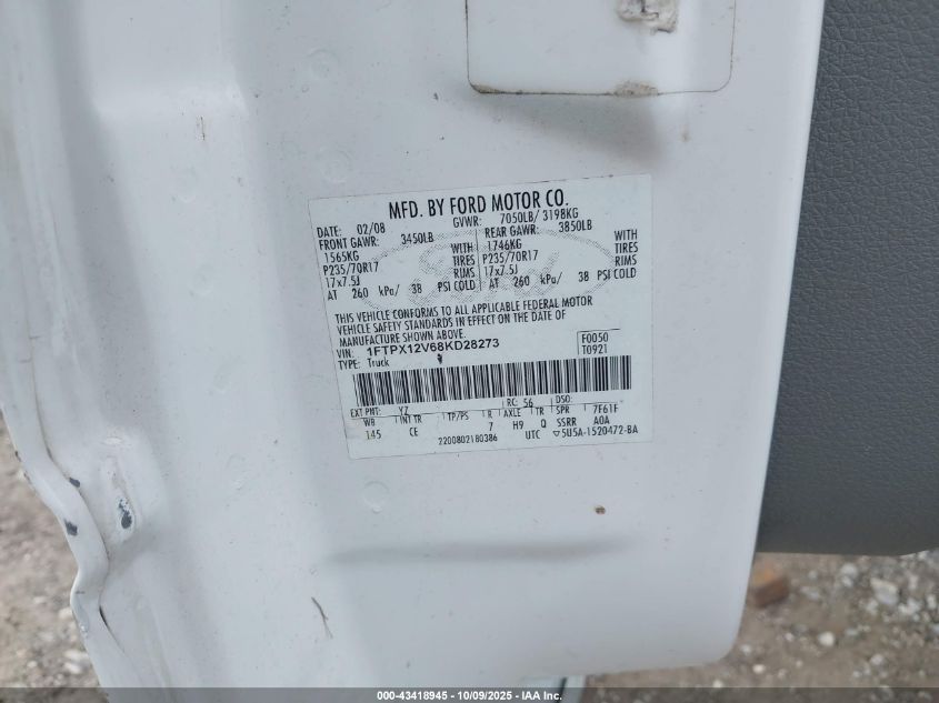 2008 Ford F-150 Lariat/Xl/Xlt VIN: 1FTPX12V68KD28273 Lot: 43418945