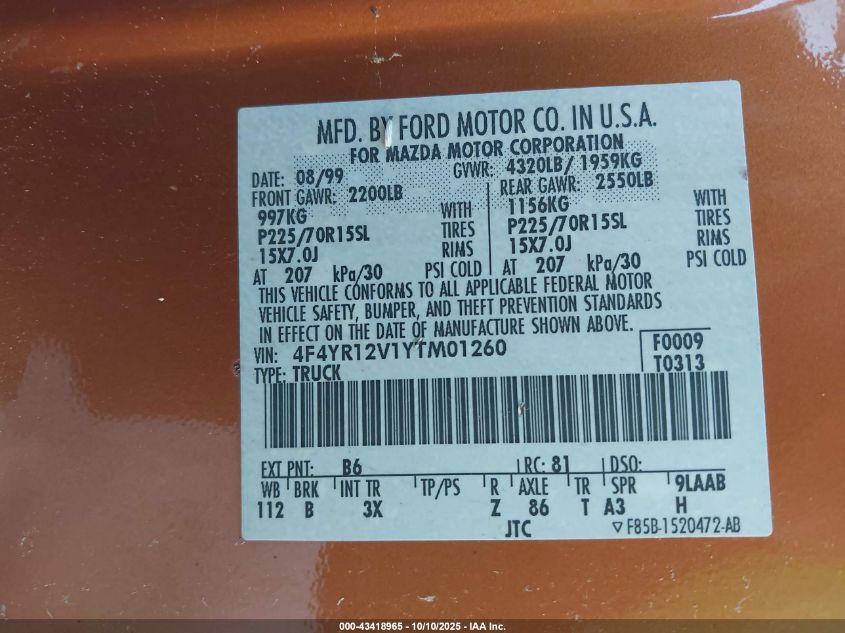 2000 Mazda B3000 Se/Sx VIN: 4F4YR12V1YTM01260 Lot: 43418965