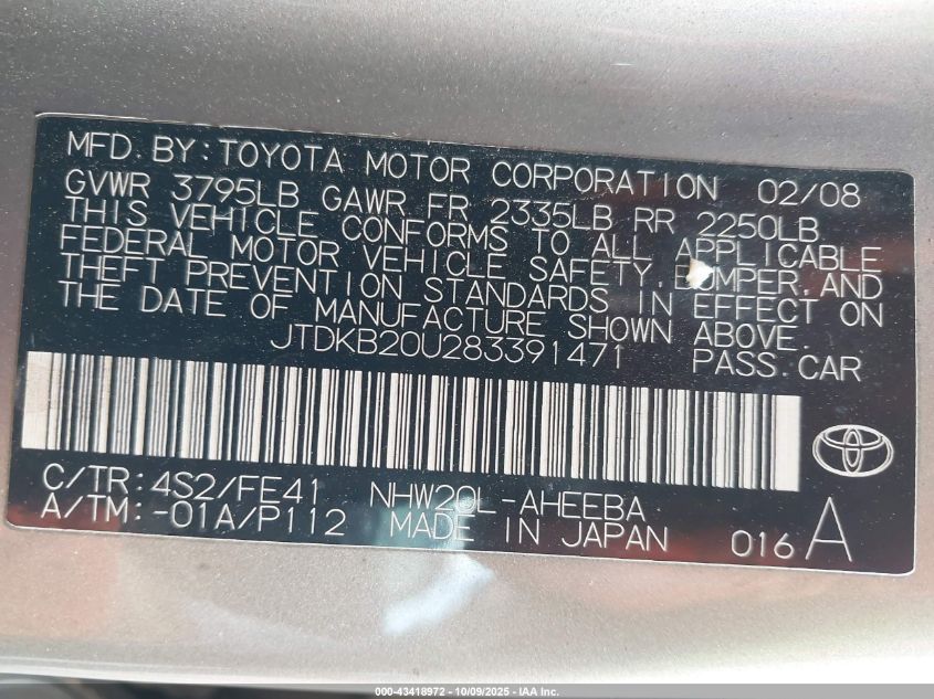 2008 Toyota Prius VIN: JTDKB20U283391471 Lot: 43418972