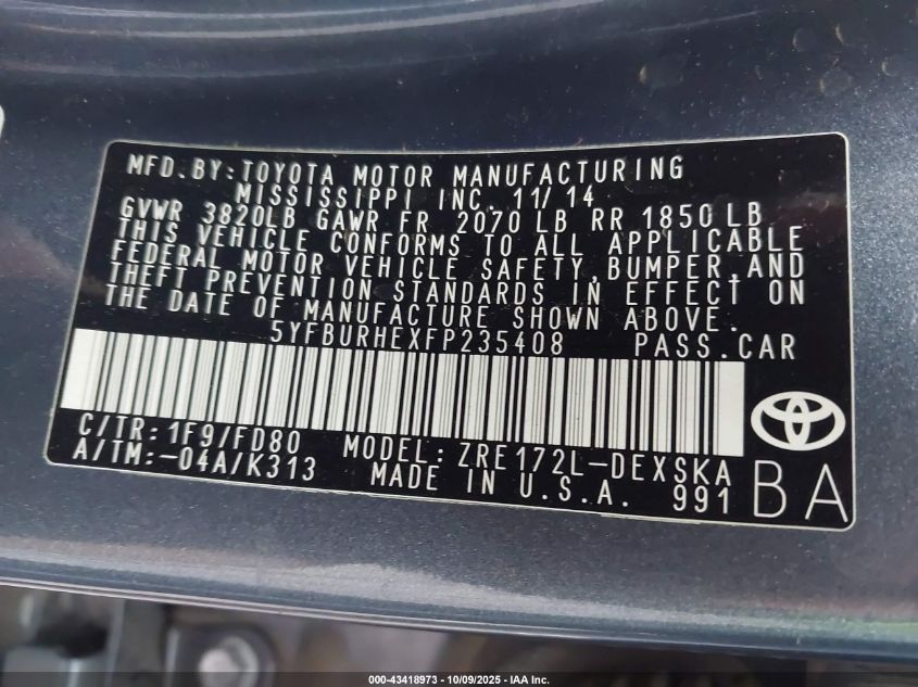 2015 Toyota Corolla S Plus VIN: 5YFBURHEXFP235408 Lot: 43418973