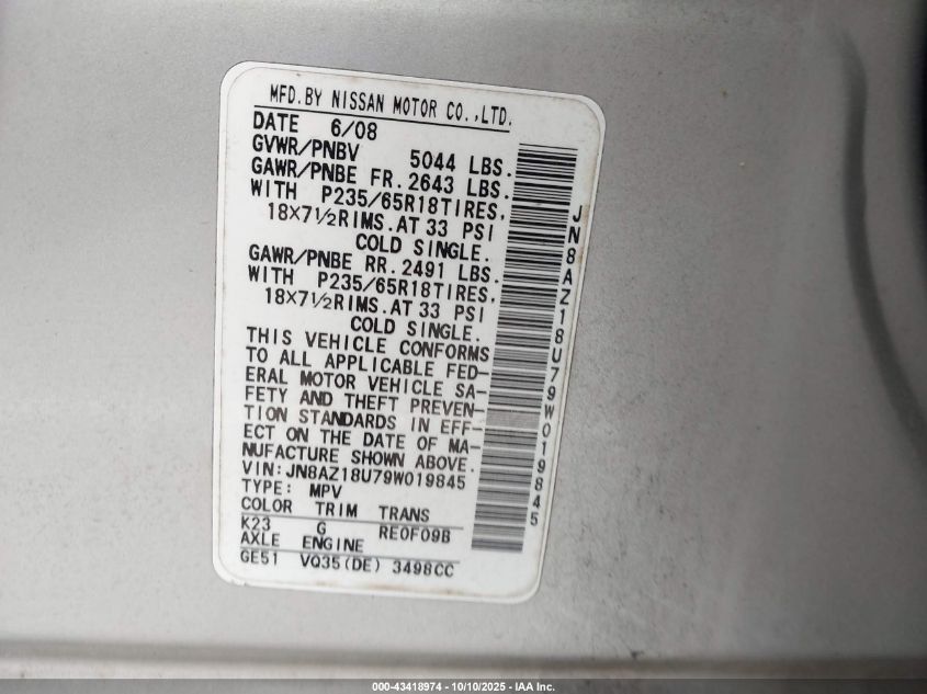 2009 Nissan Murano S VIN: JN8AZ18U79W019845 Lot: 43418974