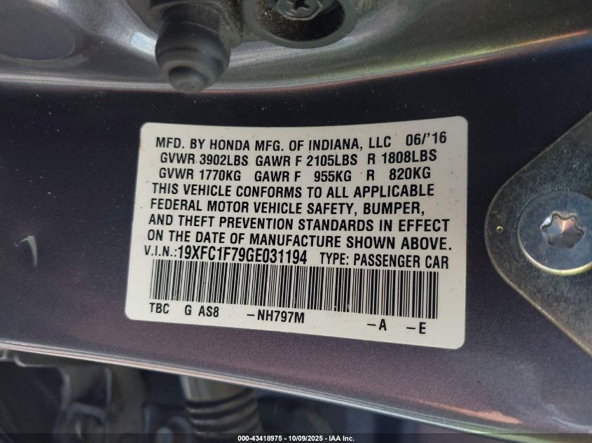 2016 Honda Civic Ex-L VIN: 19XFC1F79GE031194 Lot: 43418975