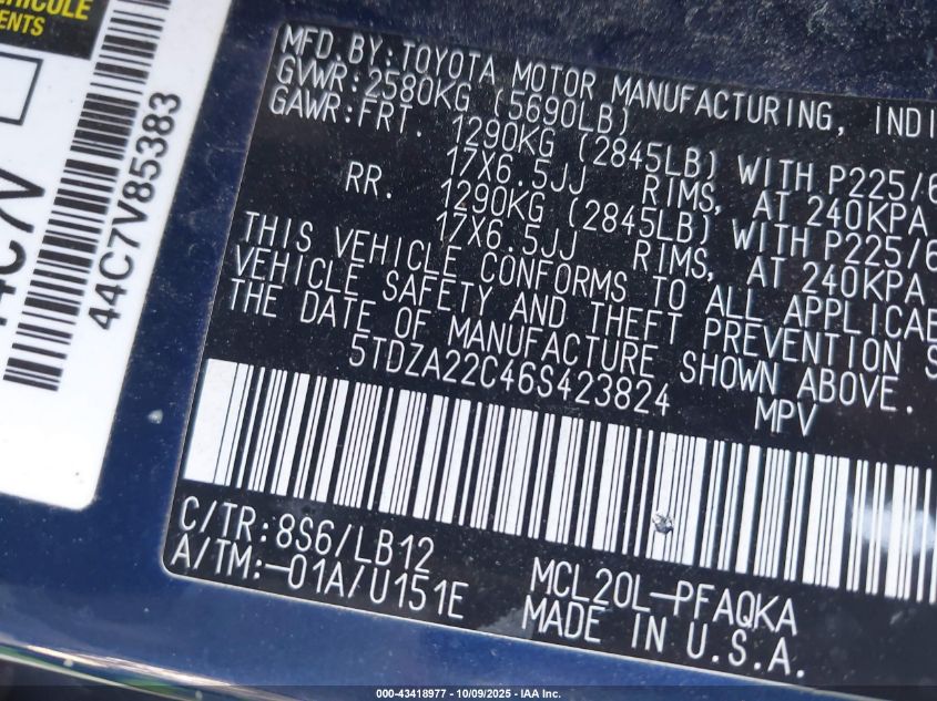 2006 Toyota Sienna Xle Limited VIN: 5TDZA22C46S423824 Lot: 43418977