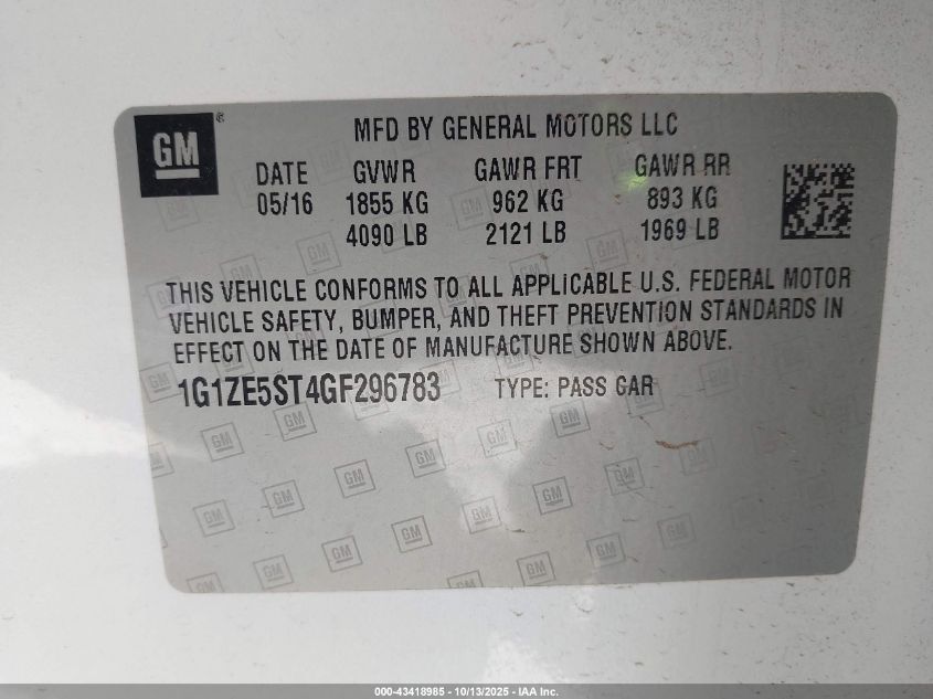 2016 Chevrolet Malibu 1Lt VIN: 1G1ZE5ST4GF296783 Lot: 43418985