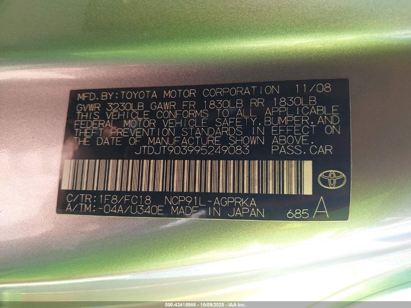 2009 Toyota Yaris VIN: JTDJT903995249083 Lot: 43418988