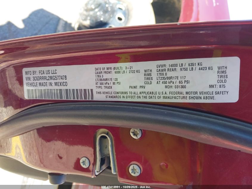 2021 Ram 3500 Limited 4X4 8' Box VIN: 3C63RRRL2MG577478 Lot: 43418991