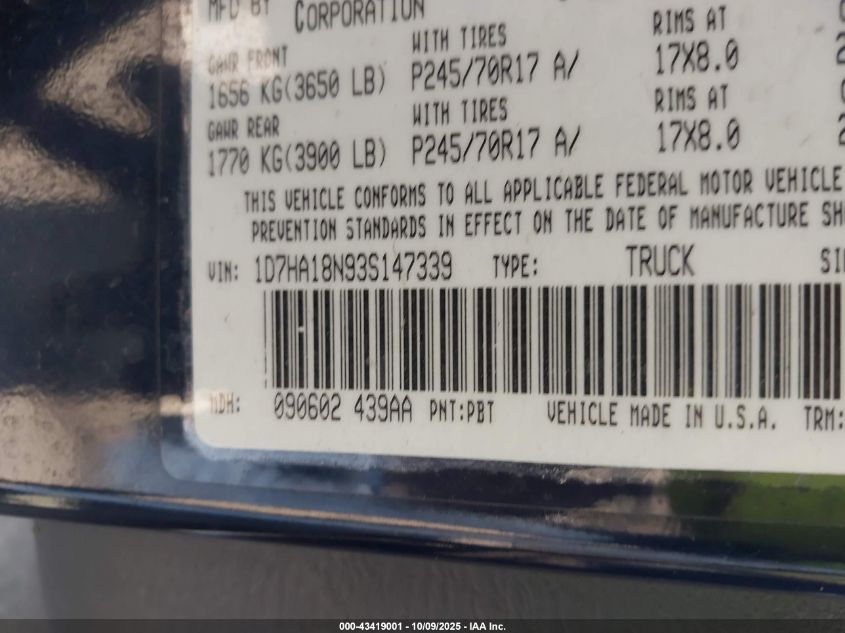 2003 Dodge Ram 1500 Slt/Laramie/St VIN: 1D7HA18N93S147339 Lot: 43419001