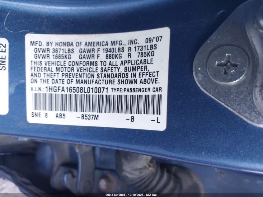 2008 Honda Civic Lx VIN: 1HGFA16508L010071 Lot: 43419004