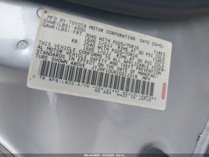 2001 Lexus Rx 300 VIN: JTJHF10U810211018 Lot: 43419008