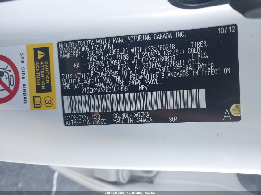 2013 Lexus Rx 350 VIN: 2T2ZK1BA7DC103999 Lot: 43419025