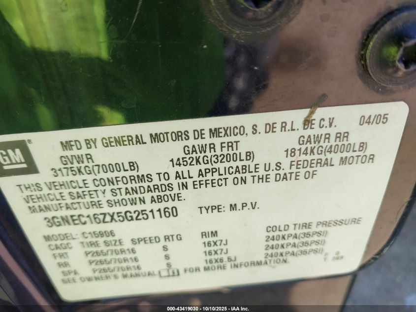 2005 Chevrolet Suburban 1500 Ls VIN: 3GNEC16ZX5G251160 Lot: 43419030