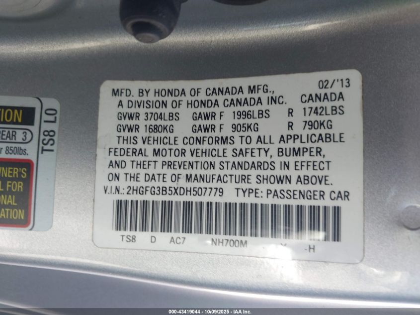 2013 Honda Civic Lx VIN: 2HGFG3B5XDH507779 Lot: 43419044