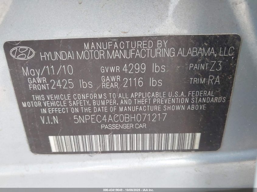 2011 Hyundai Sonata Limited VIN: 5NPEC4AC0BH071217 Lot: 43419049