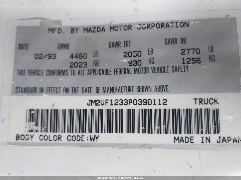 1993 Mazda B2200 Short Bed VIN: JM2UF1233P0390112 Lot: 43419055