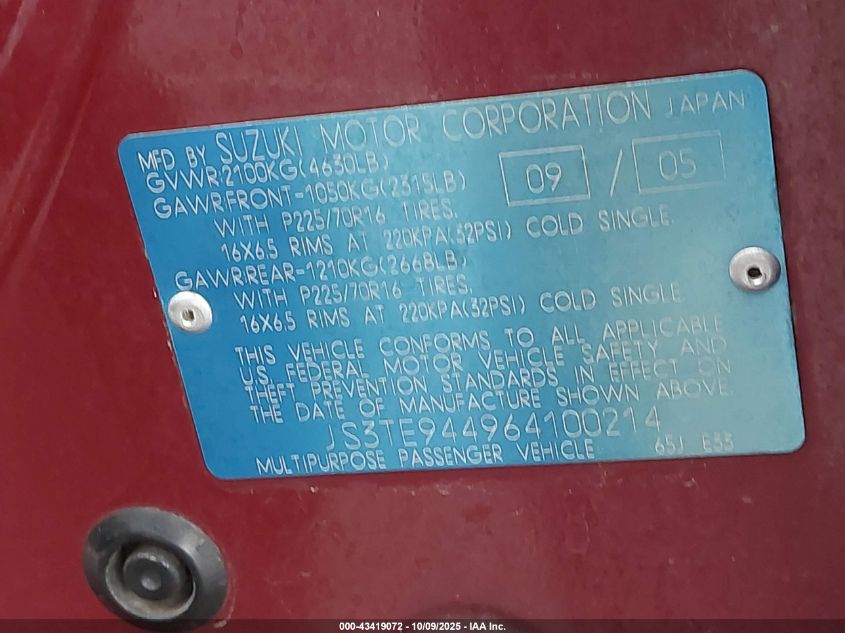 2006 Suzuki Grand Vitara Xsport VIN: JS3TE944964100214 Lot: 43419072