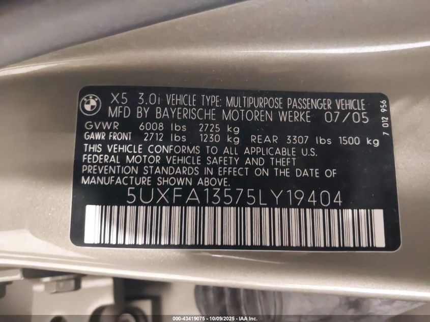 2005 BMW X5 3.0I VIN: 5UXFA13575LY19404 Lot: 43419075
