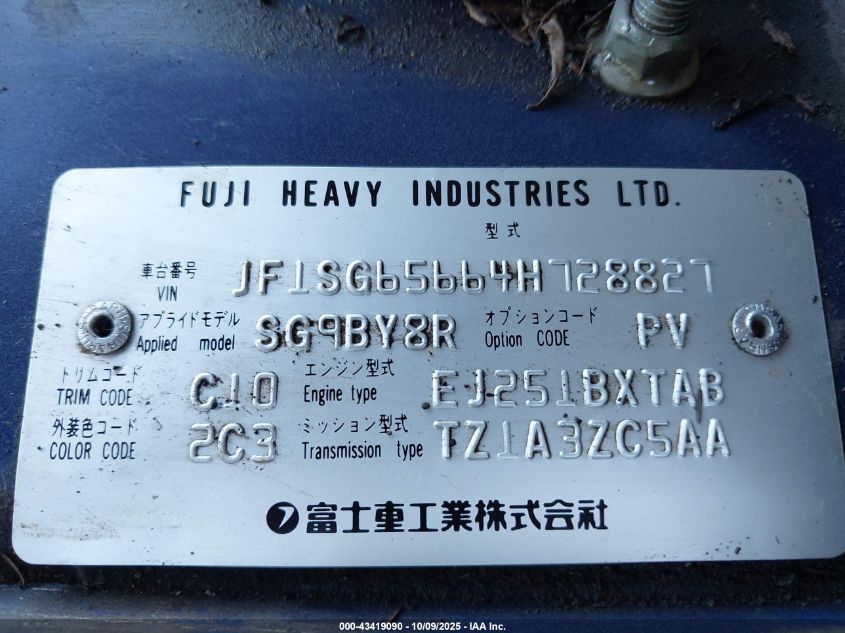 2004 Subaru Forester 2.5Xs VIN: JF1SG65664H728827 Lot: 43419090