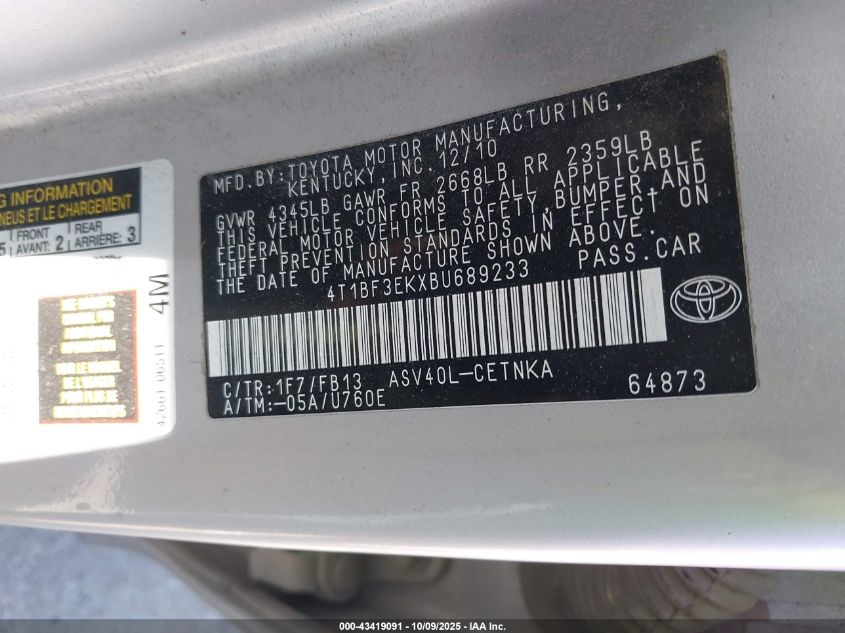 2011 Toyota Camry Le VIN: 4T1BF3EKXBU689233 Lot: 43419091