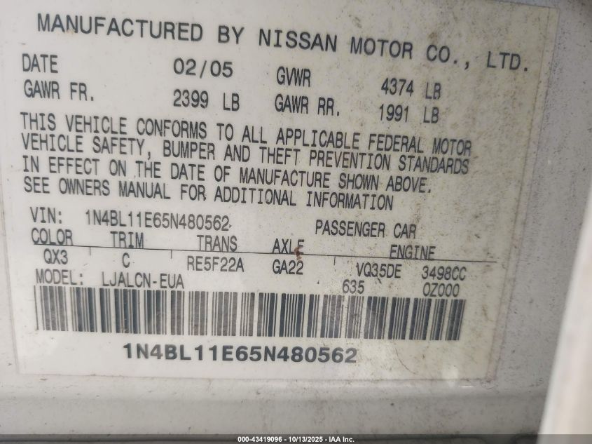 2005 Nissan Altima 3.5 Se VIN: 1N4BL11E65N480562 Lot: 43419096