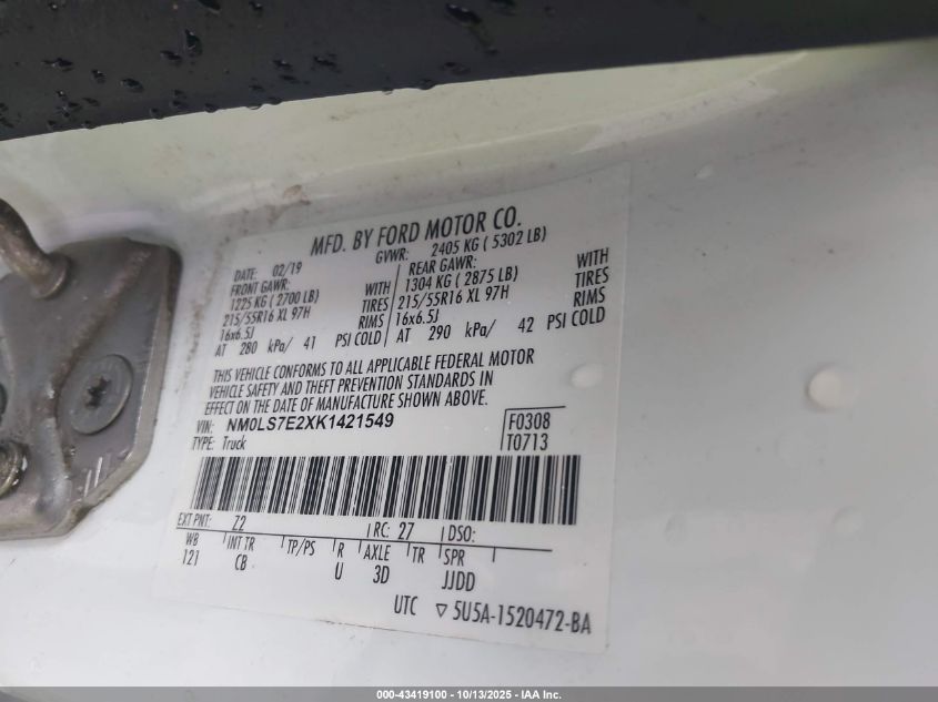 2019 Ford Transit Connect Xl VIN: NM0LS7E2XK1421549 Lot: 43419100