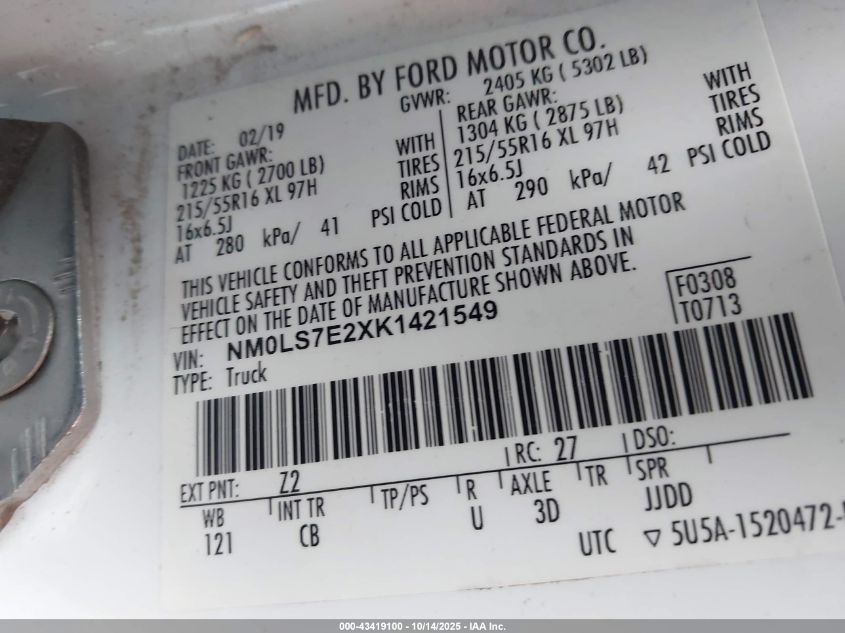 2019 Ford Transit Connect Xl VIN: NM0LS7E2XK1421549 Lot: 43419100