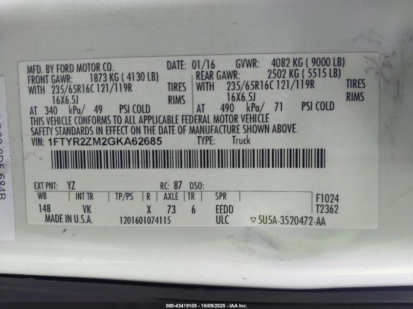 2016 Ford Transit-250 VIN: 1FTYR2ZM2GKA62685 Lot: 43419105