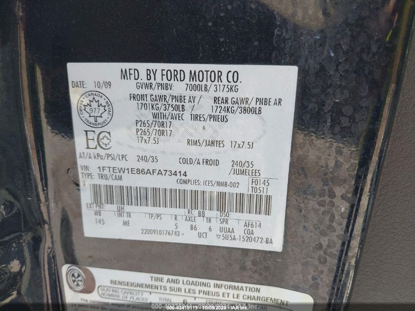 2010 Ford F-150 Xlt VIN: 1FTEW1E86AFA73414 Lot: 43419119