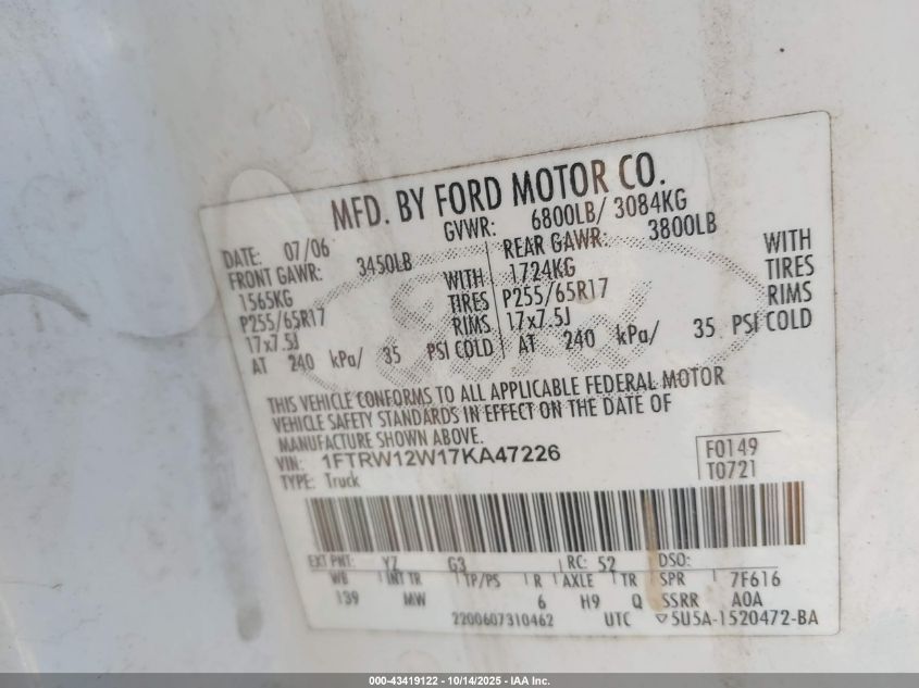 2007 Ford F-150 Xlt VIN: 1FTRW12W17KA47226 Lot: 43419122