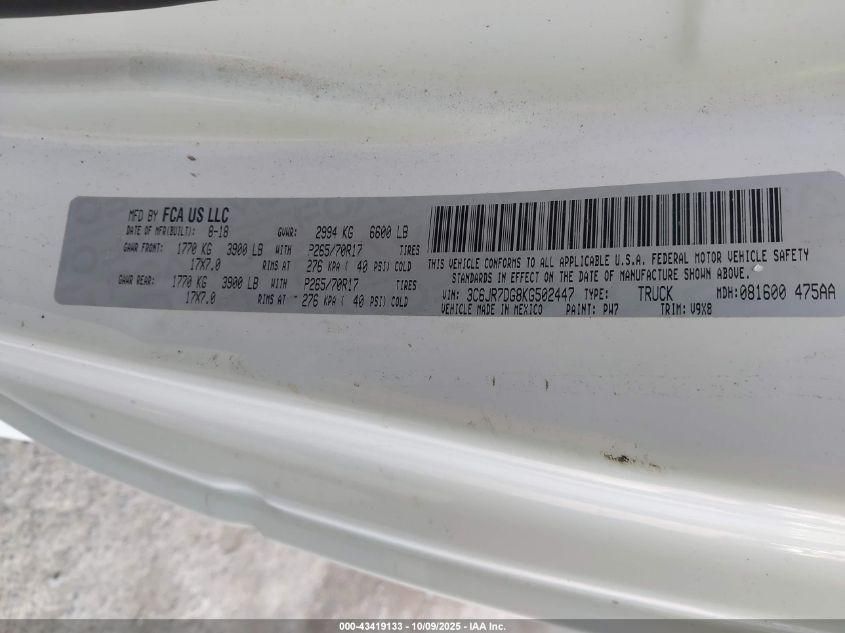 2019 Ram 1500 Classic Tradesman 4X4 8' Box VIN: 3C6JR7DG8KG502447 Lot: 43419133