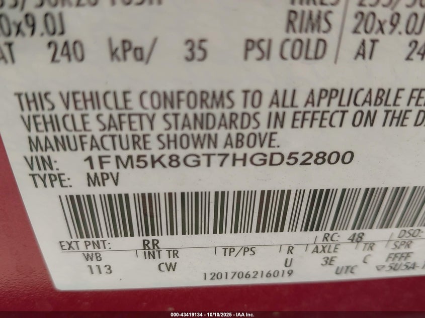 2017 FORD EXPLORER SPORT 1FM5K8GT7HGD52800