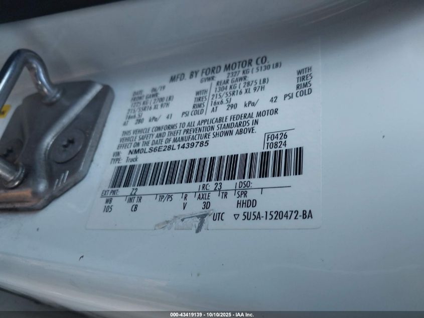 2020 Ford Transit Connect Xl VIN: NM0LS6E28L1439785 Lot: 43419139