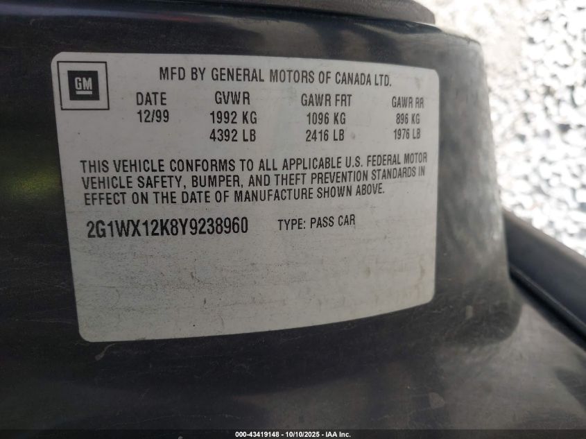 2000 Chevrolet Monte Carlo Ss VIN: 2G1WX12K8Y9238960 Lot: 43419148