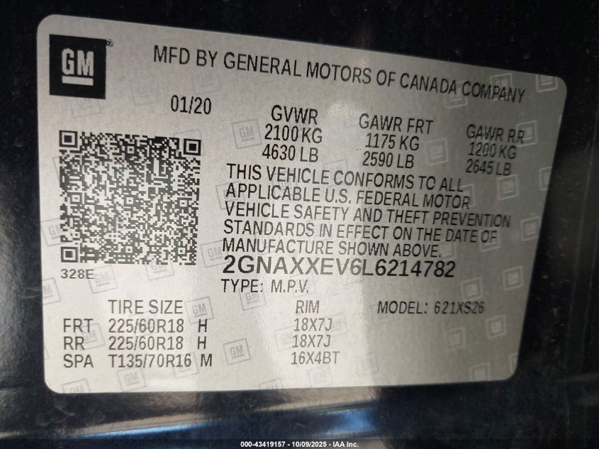 2020 Chevrolet Equinox Awd Premier 1.5L Turbo VIN: 2GNAXXEV6L6214782 Lot: 43419157