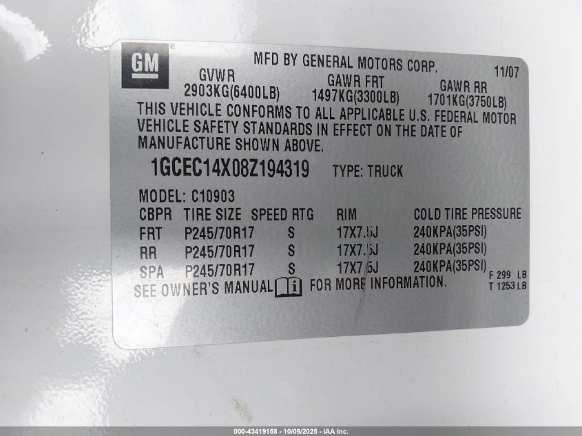 2008 Chevrolet Silverado 1500 Work Truck VIN: 1GCEC14X08Z194319 Lot: 43419158