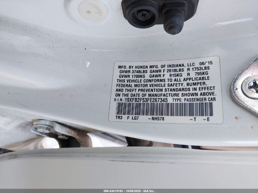 2015 Honda Civic Lx VIN: 19XFB2F53FE267345 Lot: 43419163