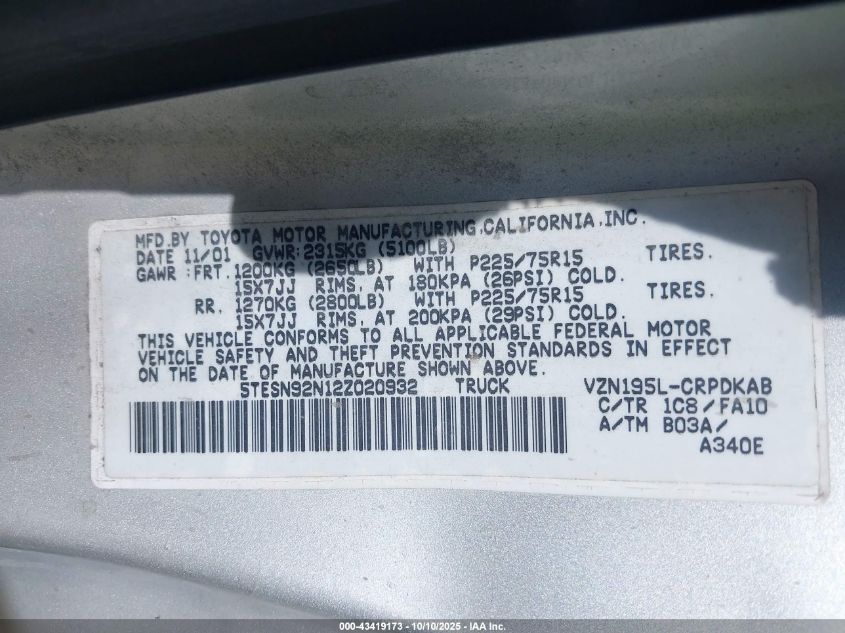 2002 Toyota Tacoma Prerunner V6 VIN: 5TESN92N12Z020932 Lot: 43419173