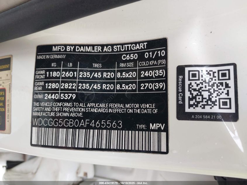 2010 Mercedes-Benz Glk 350 VIN: WDCGG5GB0AF465563 Lot: 43419179