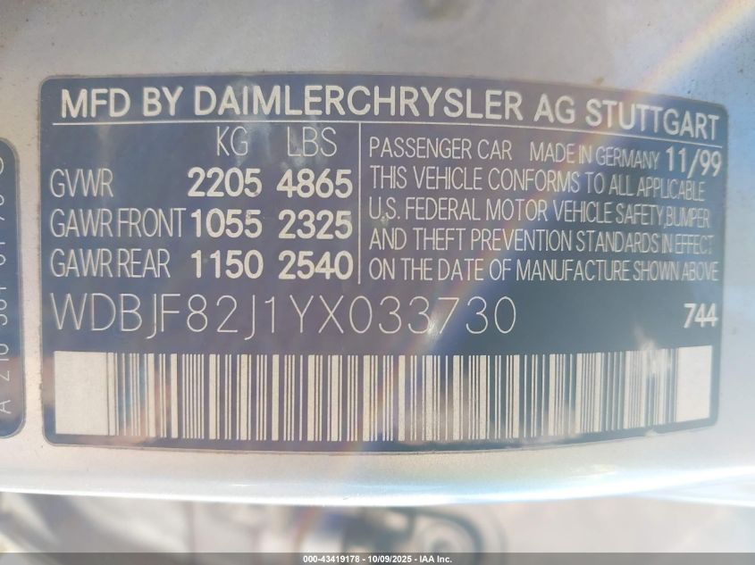 2000 Mercedes-Benz E 320 4M VIN: WDBJF82J1YX033730 Lot: 43419178