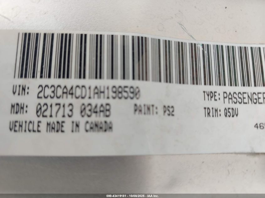 2010 Chrysler 300 Touring VIN: 2C3CA4CD1AH198590 Lot: 43419181