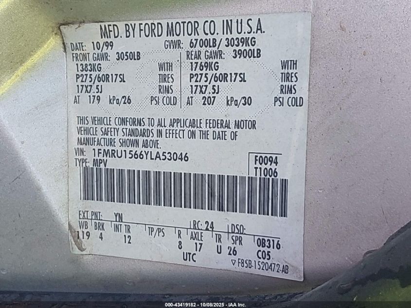 2000 Ford Expedition Xlt VIN: 1FMRU1566YLA53046 Lot: 43419182