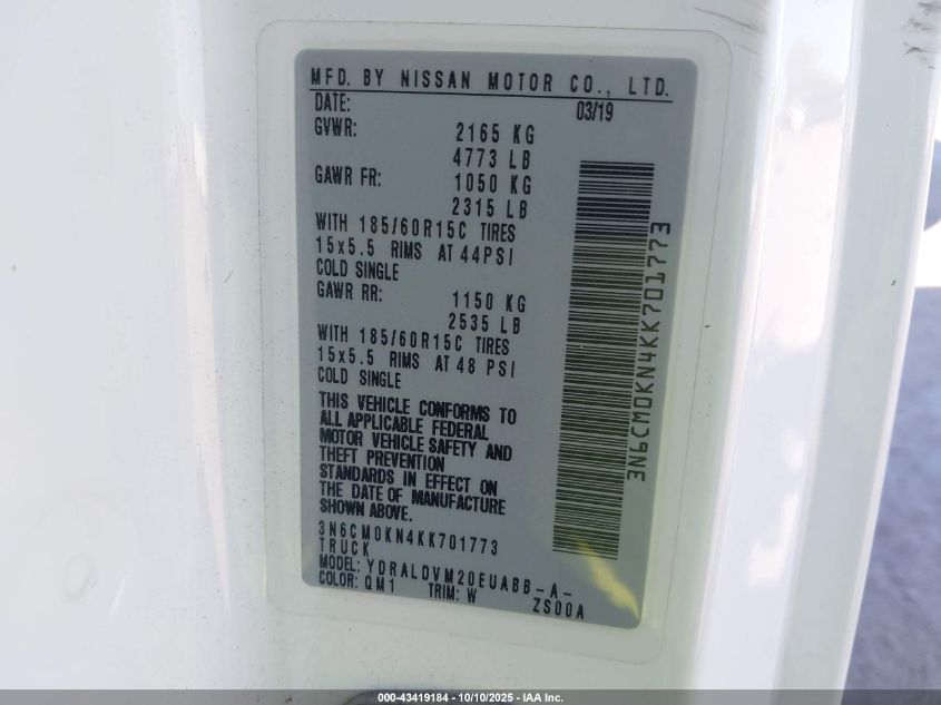 2019 Nissan Nv200 S VIN: 3N6CM0KN4KK701773 Lot: 43419184