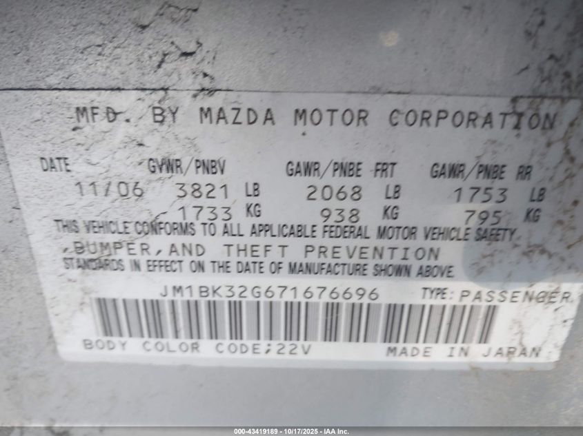 2007 Mazda Mazda3 I Sport VIN: JM1BK32G671676696 Lot: 43419189