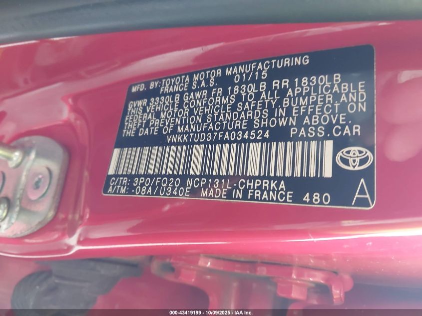 2015 Toyota Yaris L VIN: VNKKTUD37FA034524 Lot: 43419199