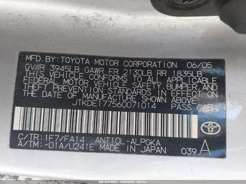 2006 Scion Tc VIN: JTKDE177560071014 Lot: 43419202