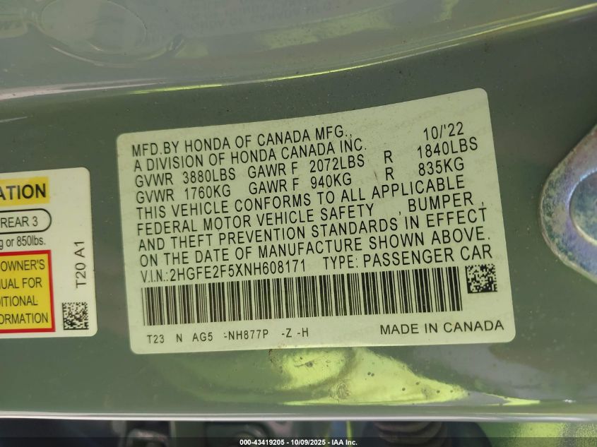 2022 Honda Civic Sport VIN: 2HGFE2F5XNH608171 Lot: 43419205