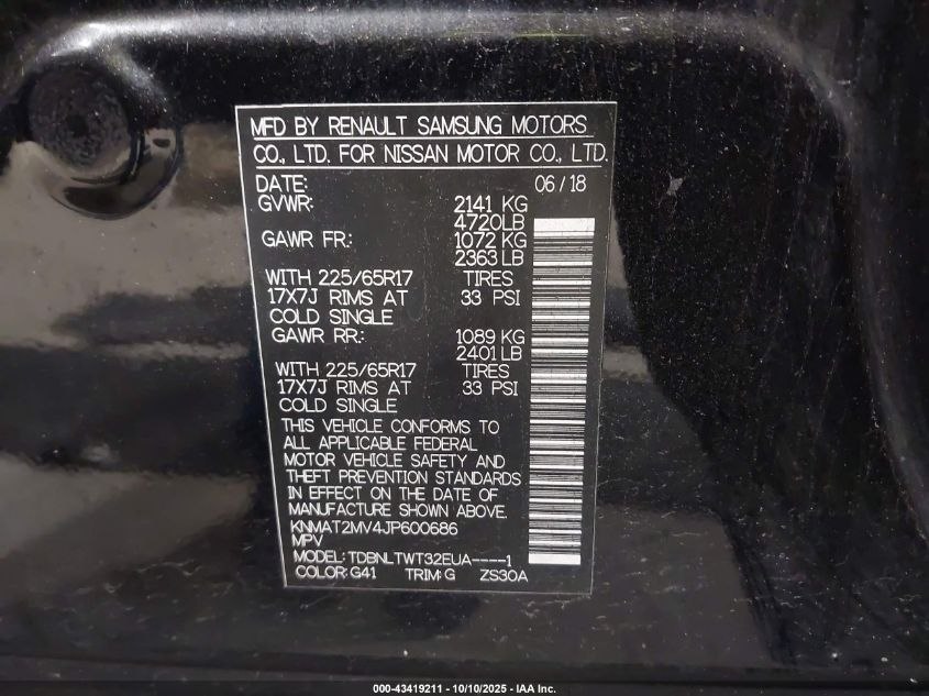 2018 Nissan Rogue Sv VIN: KNMAT2MV4JP600686 Lot: 43419211