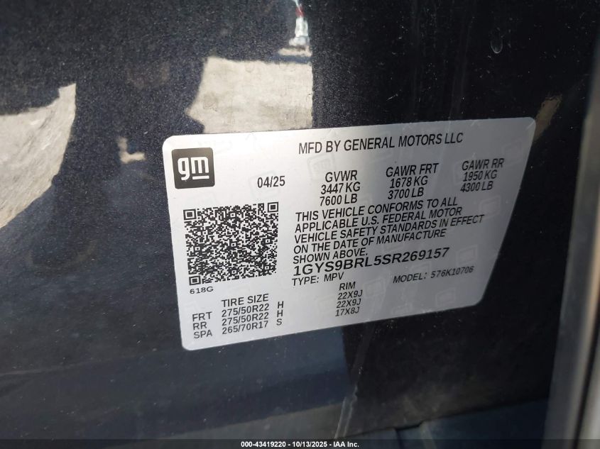 2025 Cadillac Escalade Premium Luxury VIN: 1GYS9BRL5SR269157 Lot: 43419220